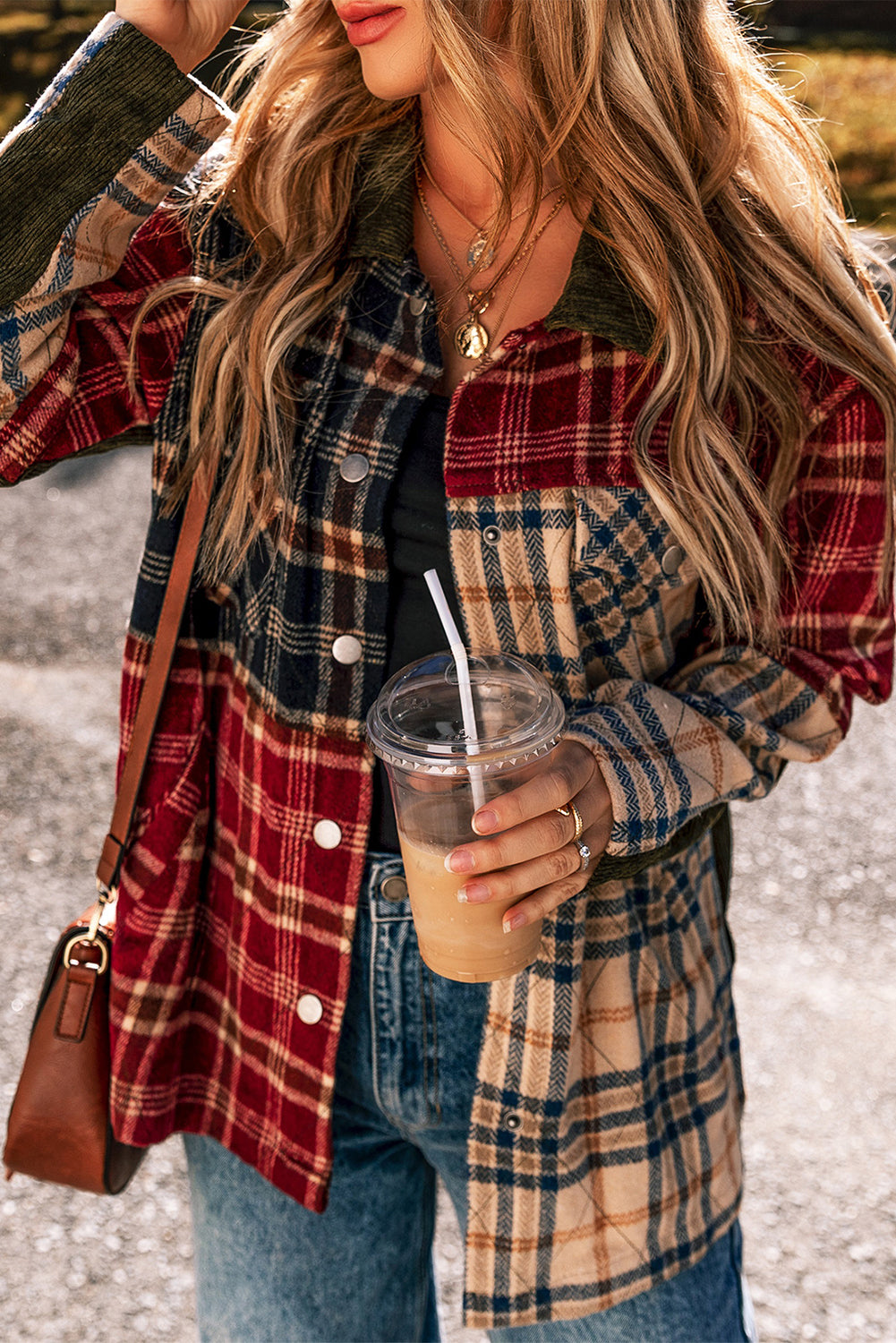 Red Mixed Plaid Pocketed Button-up Shacket