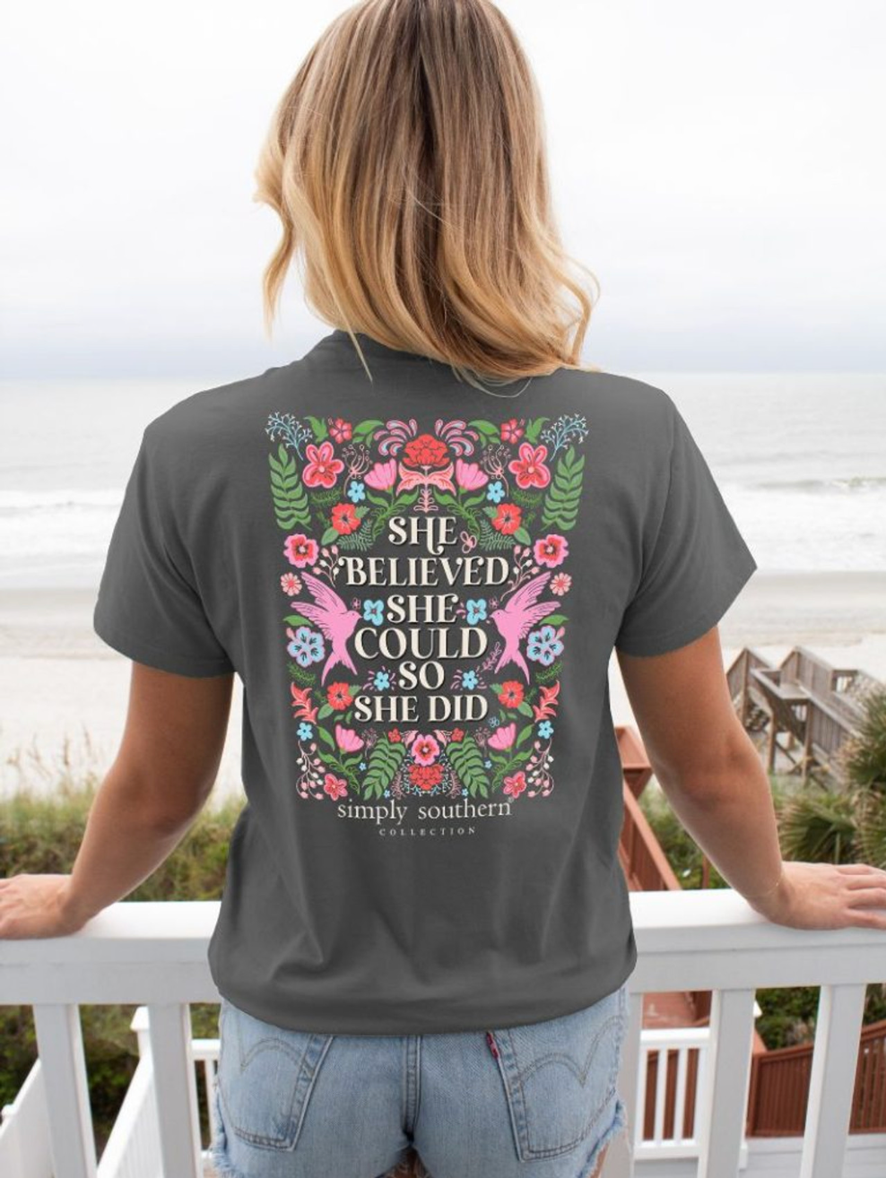 Simply Southern "She Believed She Could So She Did" Floral Mosaic shirt