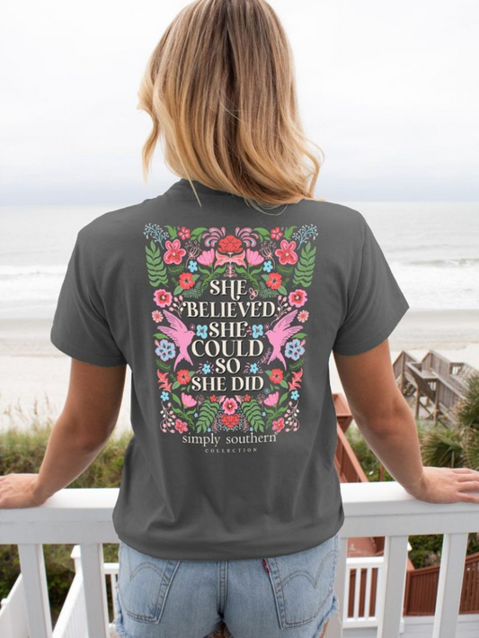 Simply Southern "She Believed She Could So She Did" Floral Mosaic shirt