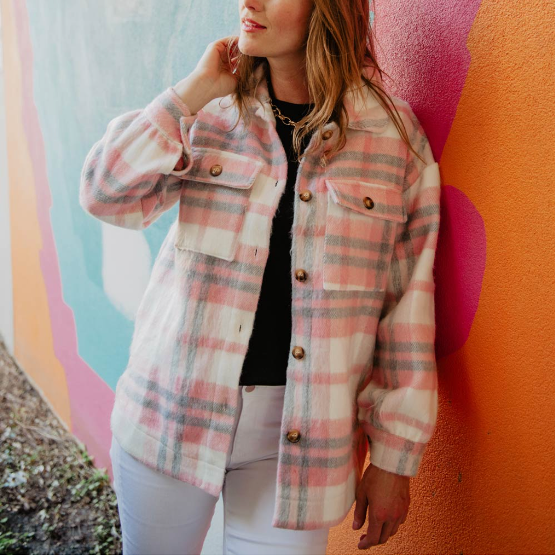 PINK/GRAY PLAID SHACKET FOR WOMEN